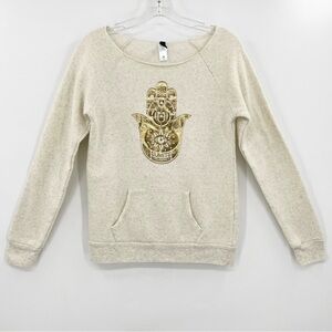 Sumits Hamsa Hand Slim Fit Cream Yoga Fleece Sweatshirt Size Medium